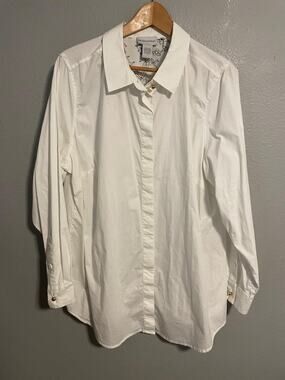 Soft Surroundings Womens Tunic 1X White Long Sleeve Lace Cuff Button Up Modern